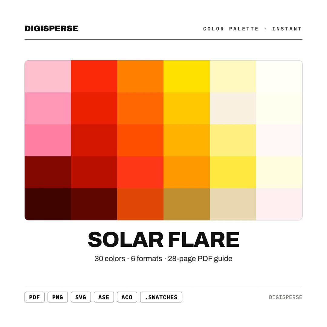 Solar Flare Color Palette | 30 Colors | Hex RGB CMYK | Color Guide | Procreate Swatches + ASE | Digital Download