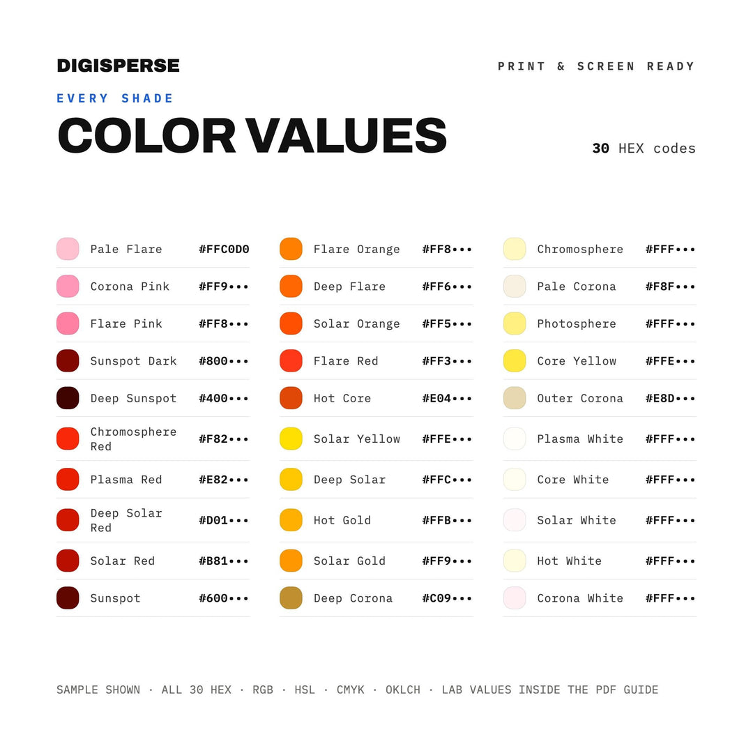 Solar Flare Color Palette | 30 Colors | Hex RGB CMYK | Color Guide | Procreate Swatches + ASE | Digital Download