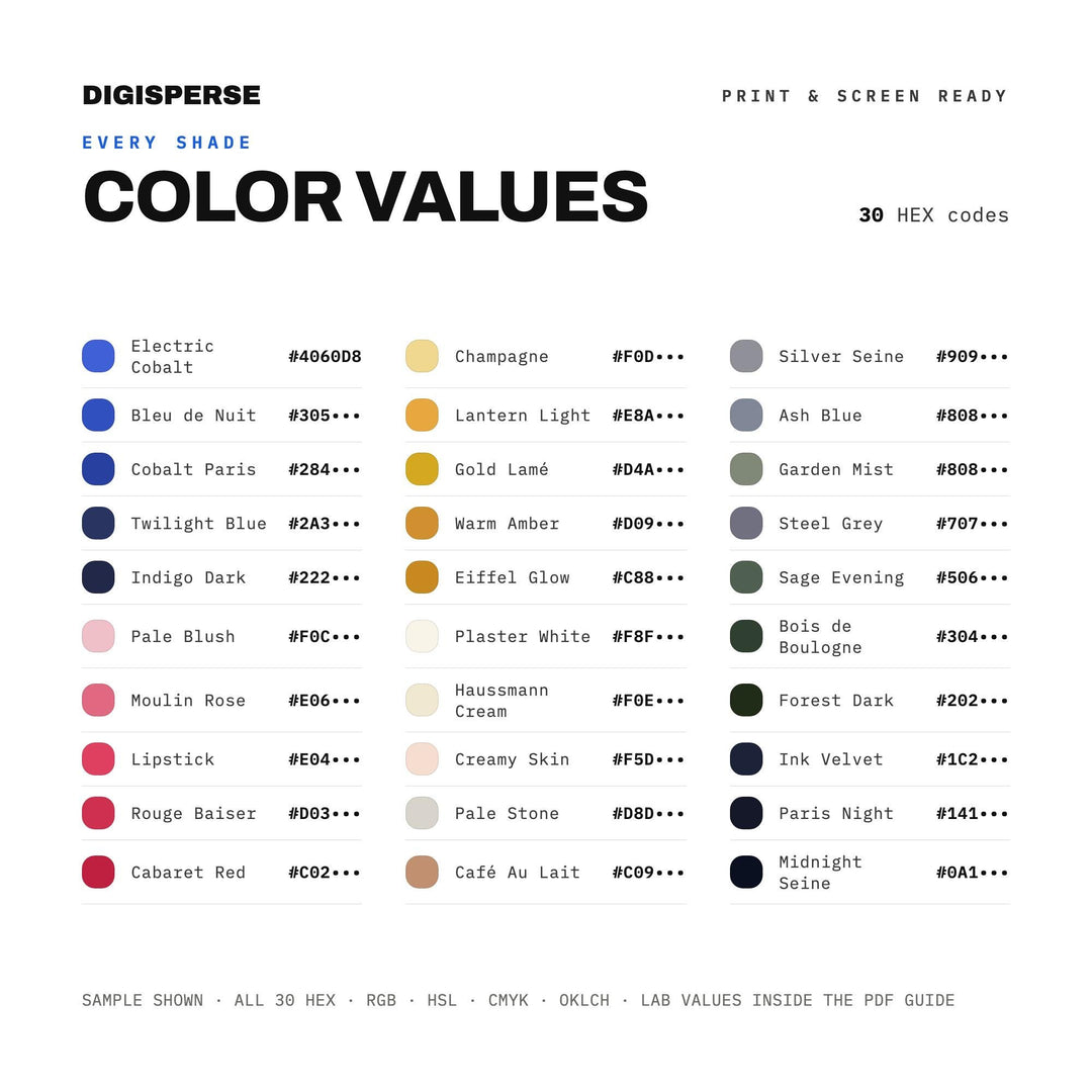Midnight In Paris Color Palette | 30 Colors, Hex, RGB, CMYK (Digital Download)