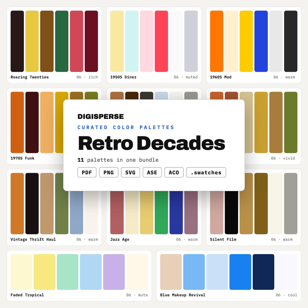 Retro Color Palette Bundle, 11 Decade Inspired Schemes from Fifties to Y2K for Vintage Posters, Theme Parties and Nostalgic Art