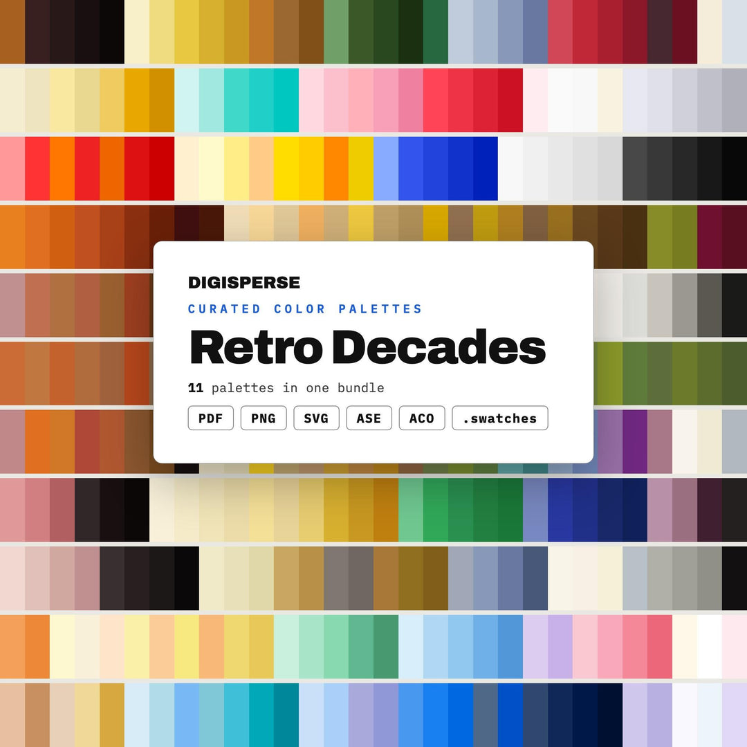 Retro Color Palette Bundle, 11 Decade Inspired Schemes from Fifties to Y2K for Vintage Posters, Theme Parties and Nostalgic Art