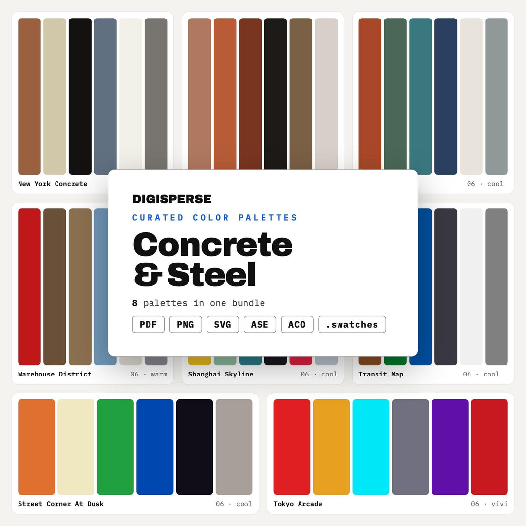 Industrial Color Scheme Pack, 8 Concrete and Steel Palettes for Loft Apartment Decor, Architecture Firms and Urban Design