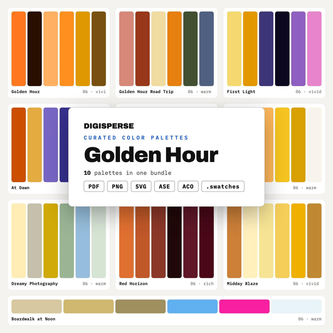 Golden Hour Color Palette Pack, 10 Warm Sunset Color Schemes for Photographers, Autumn Wedding Boards & Cozy Brand Styling