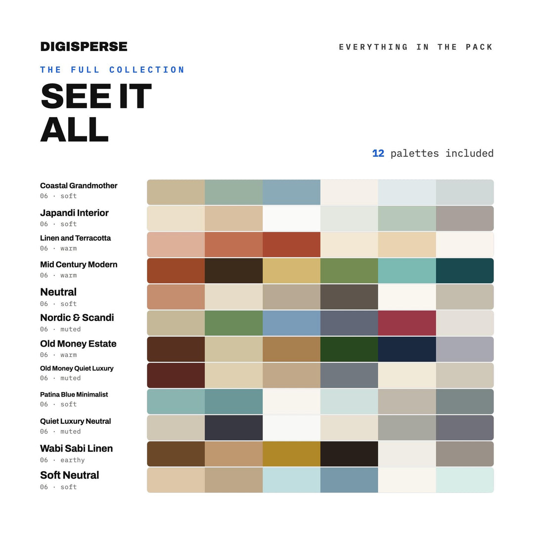 Neutral Color Scheme Bundle, 12 Quiet Luxury Palettes for Elegant Branding, Interior Moodboards & Minimalist Wedding Design, 360 Colors