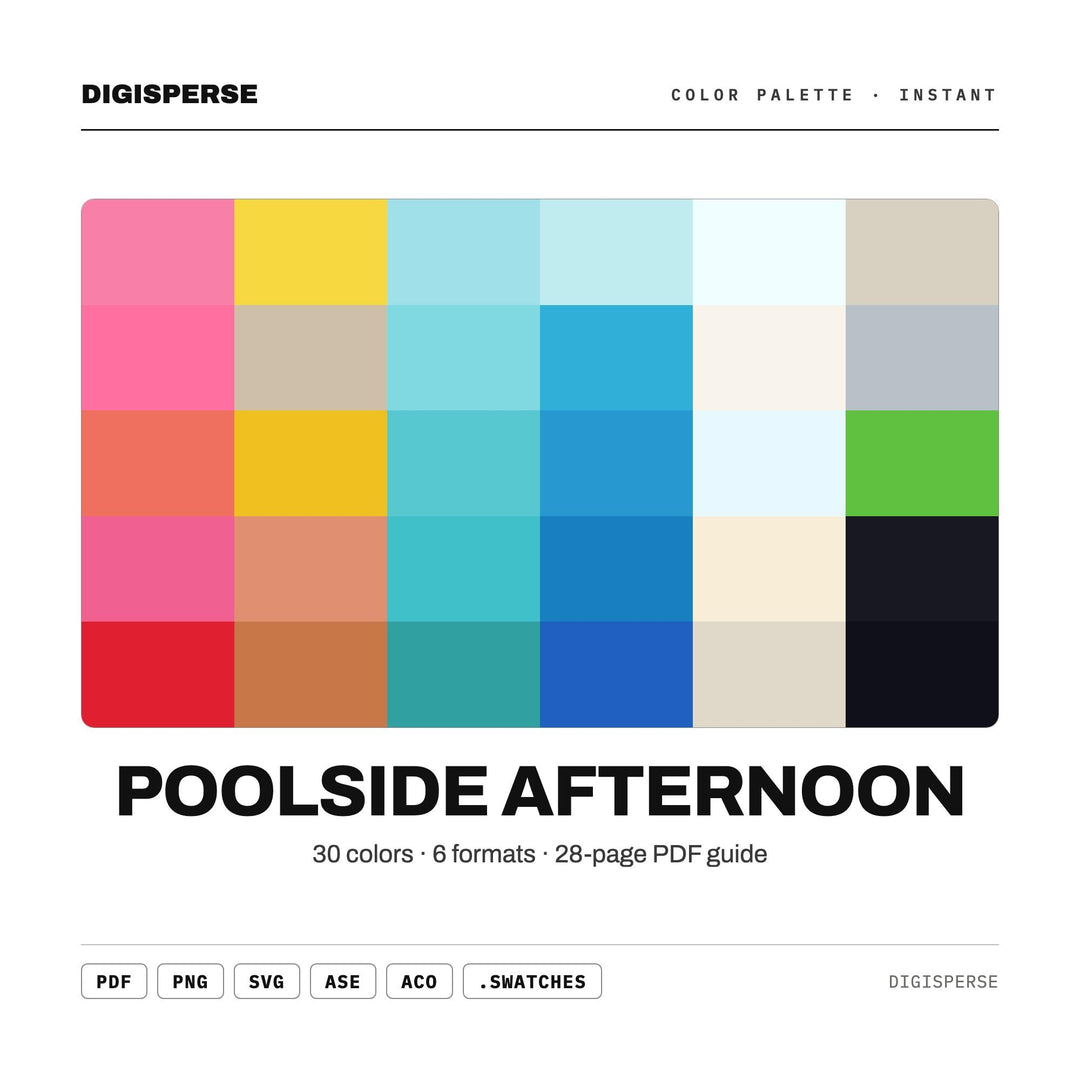 Poolside Afternoon Color Palette | 30 Colors | Hex RGB CMYK | Procreate Swatches + ASE | Digital Download