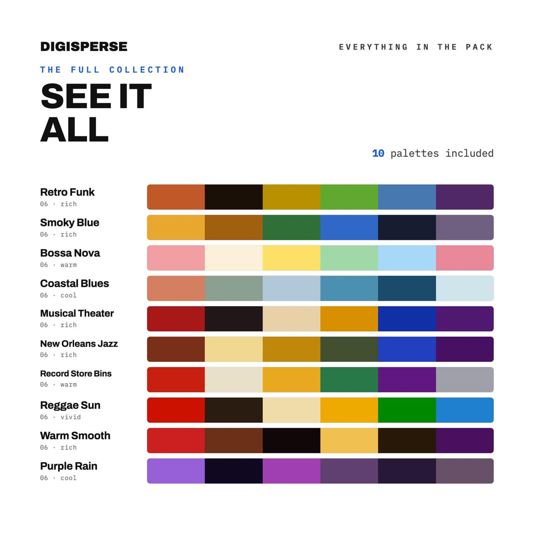 Jazz Club Color Scheme Collection, 10 Blues Lounge Palettes for Music Posters, Vinyl Cover Art and Smoky Bar Interiors