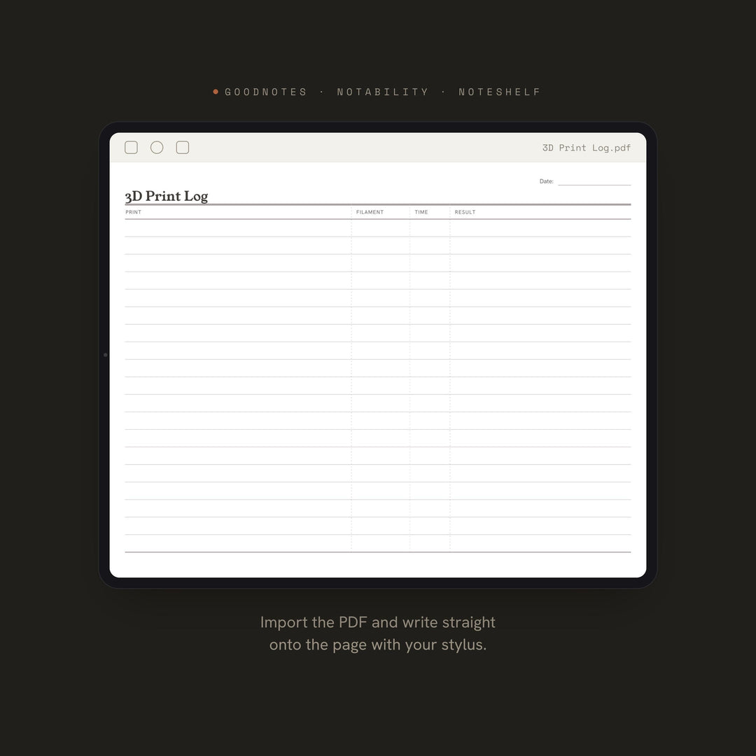 3D Print Log Planner Insert | Project Log | GoodNotes iPad PDF | Digital Download