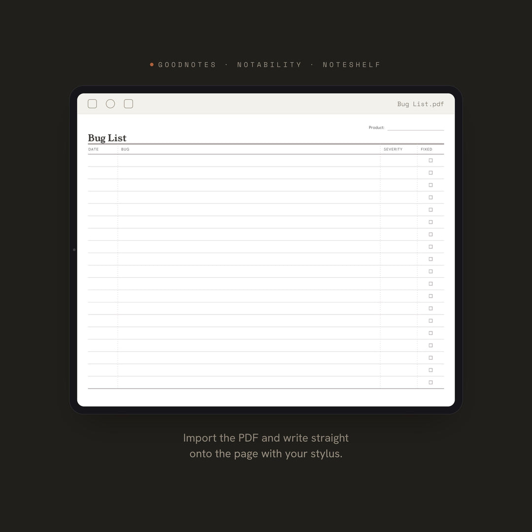 Bug List Planner Insert | Product Planner | GoodNotes iPad PDF | Digital Download