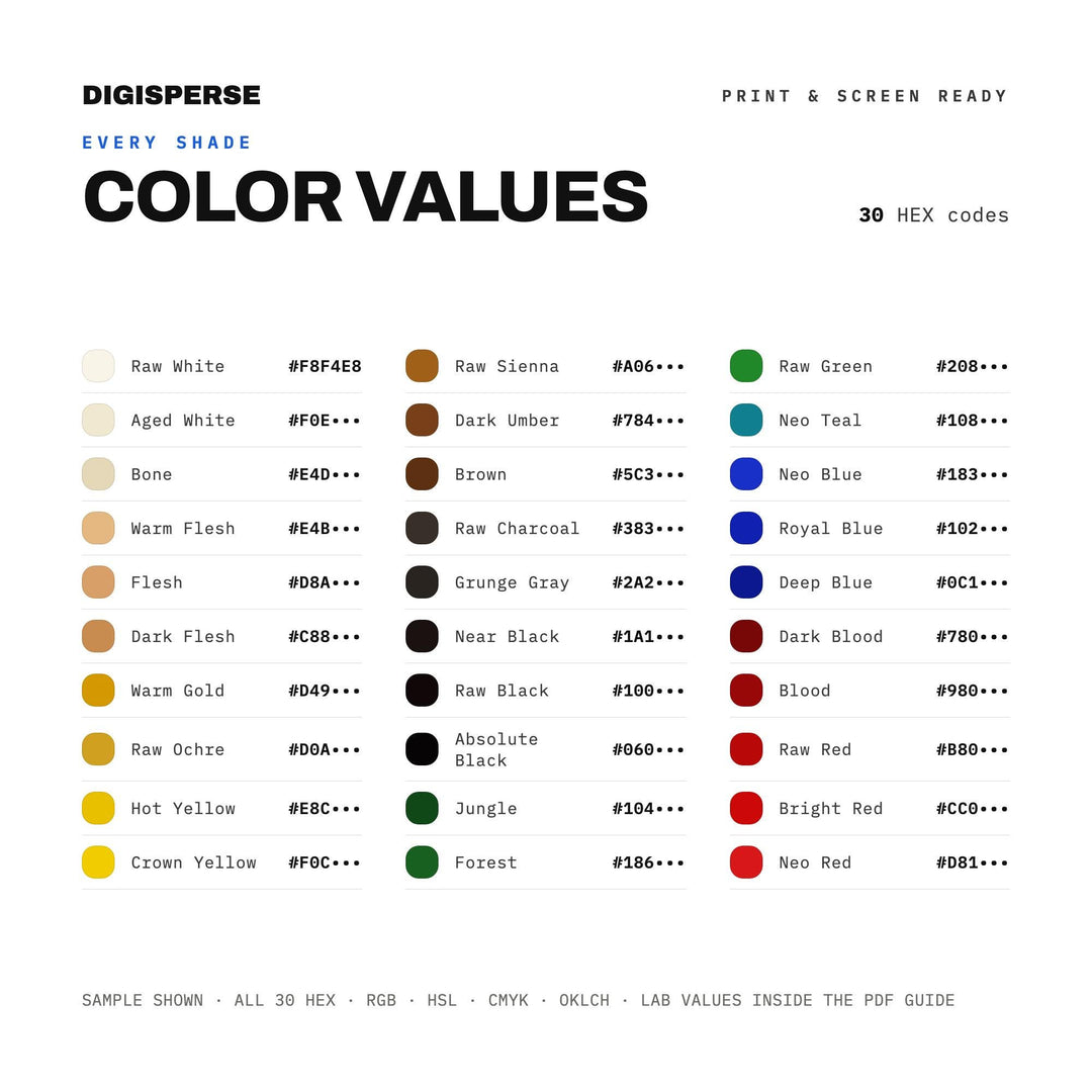 Neo-Expressionism Color Palette | 30 Procreate Swatches, HEX, RGB, CMYK (Digital Download)