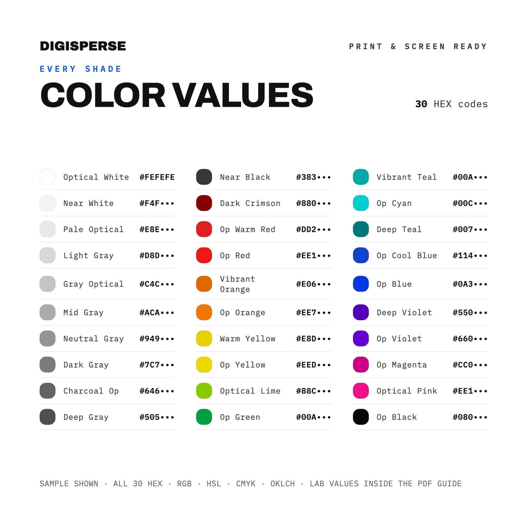 Op Art Color Palette | 30 Colors | Hex RGB CMYK | Color Guide | Procreate Swatches + ASE | Digital Download