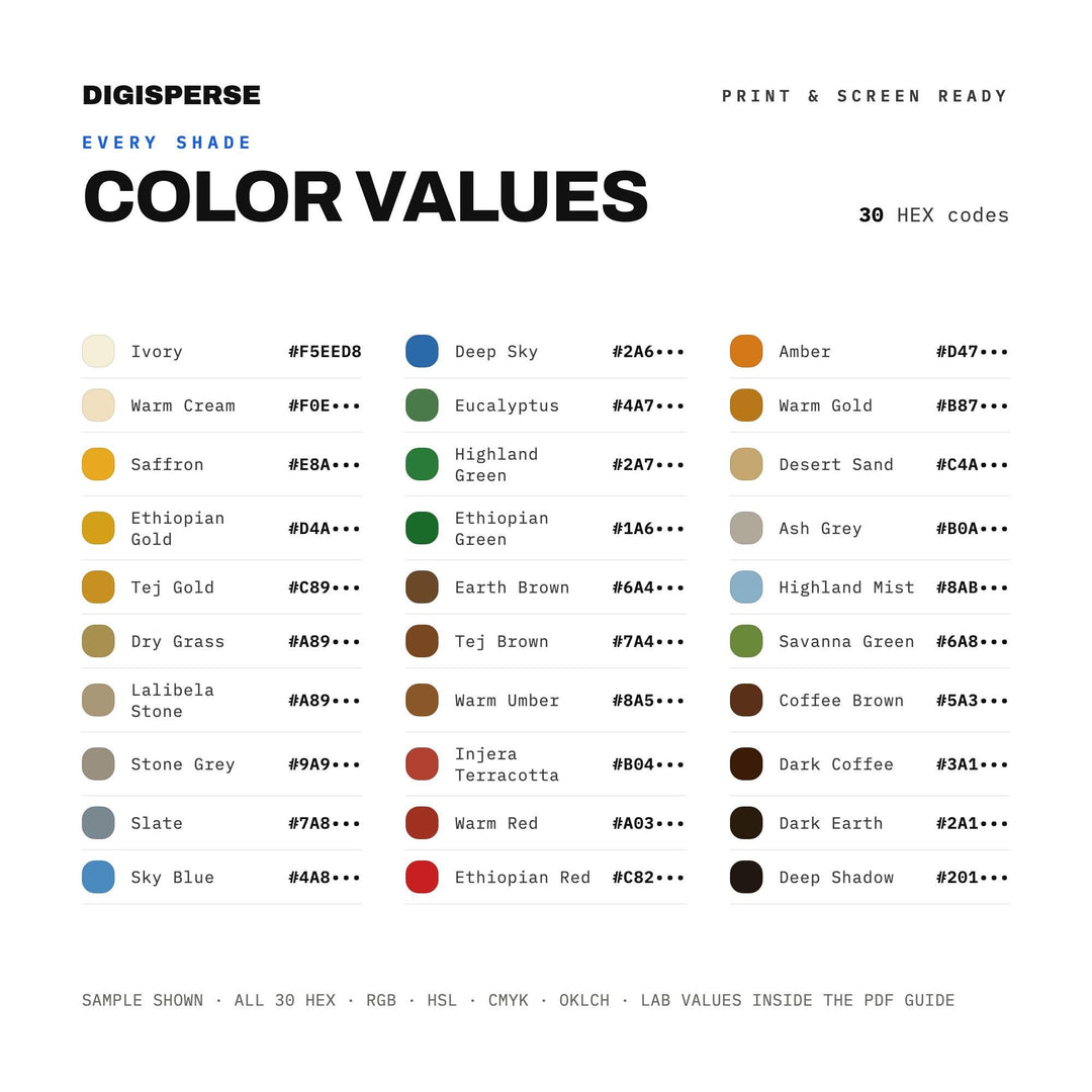 Ethiopian Highlands Color Palette | 30 Colors | Hex RGB CMYK | Color Guide | Procreate Swatches + ASE | Digital Download
