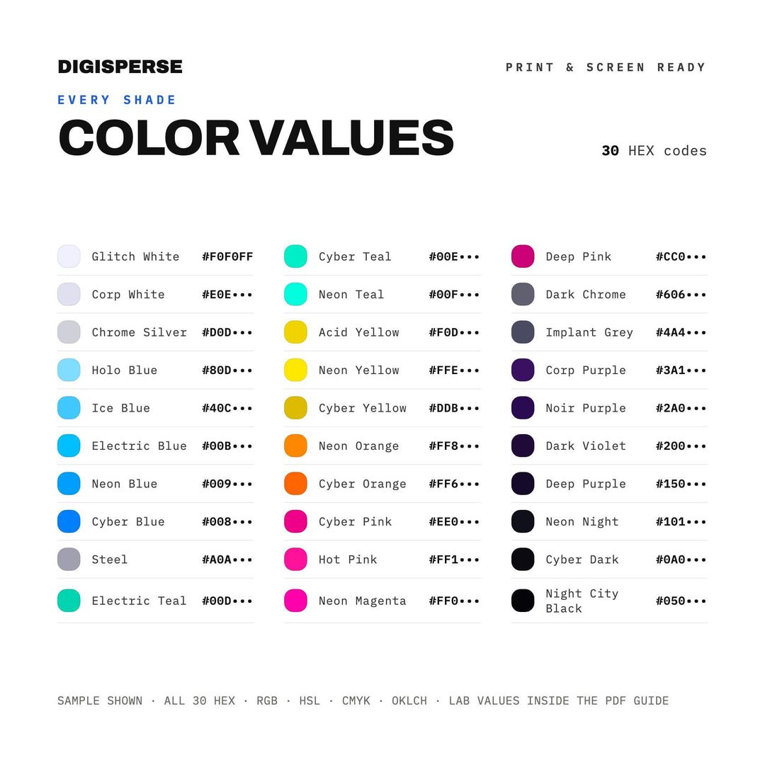 Cyberpunk Color Palette | 30 Colors | Hex RGB CMYK | Color Guide | Procreate Swatches + ASE | Digital Download