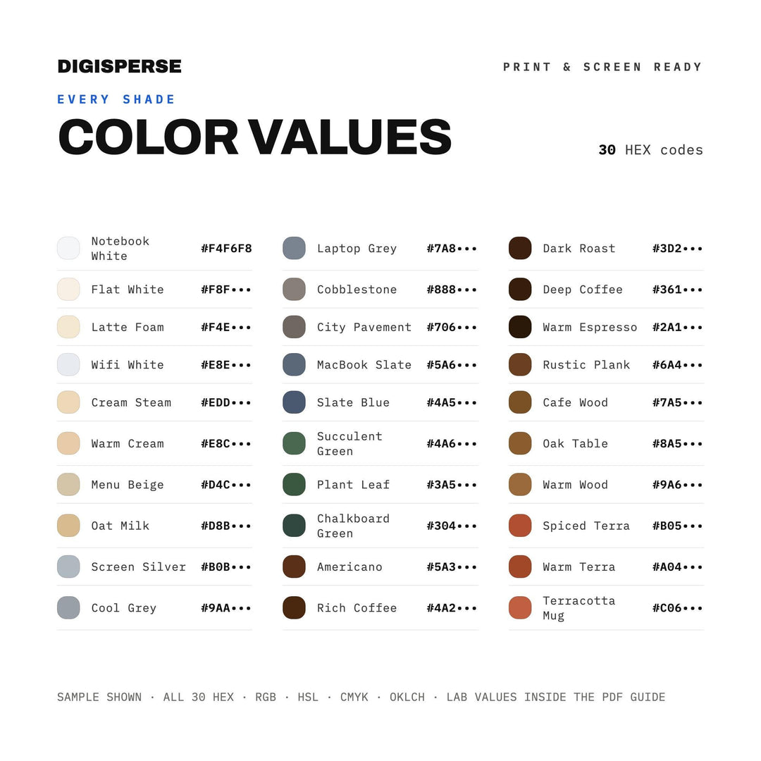 Digital Nomad Cafe Color Palette | 30 Procreate Swatches, ASE (Digital Download)