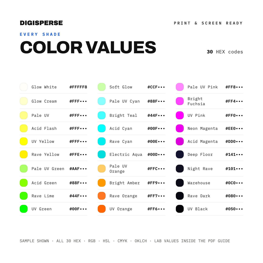 Rave Culture Color Palette | 30 Colors | Hex RGB CMYK | Color Guide | Procreate Swatches + ASE | Digital Download