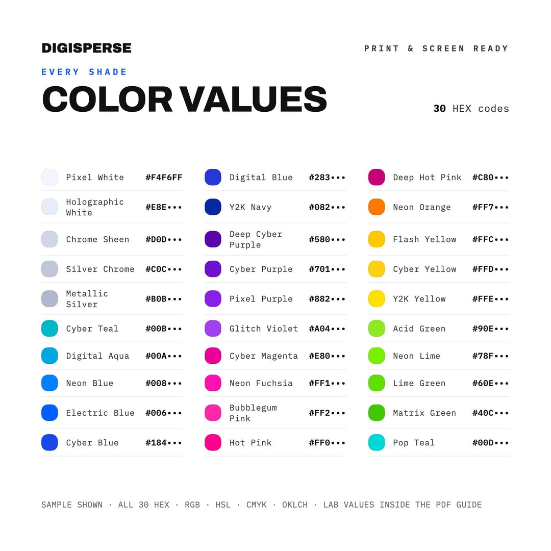 Y2K Revival Color Palette | 30 Colors | Hex RGB CMYK | Procreate Swatches + ASE | Digital Download