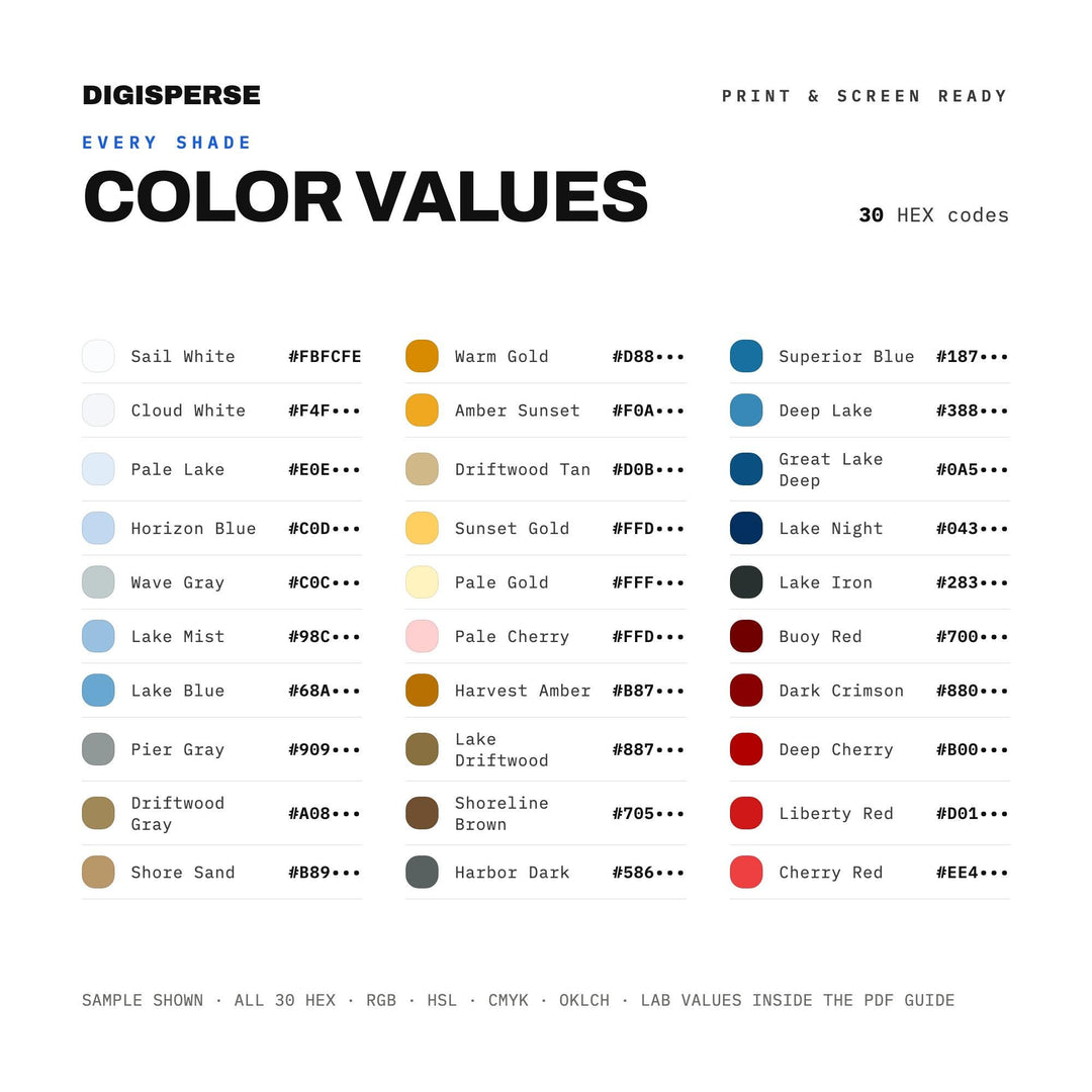 Great Lakes Liberty Color Palette | 30 Colors | Hex RGB CMYK | Procreate Swatches + ASE | Digital Download