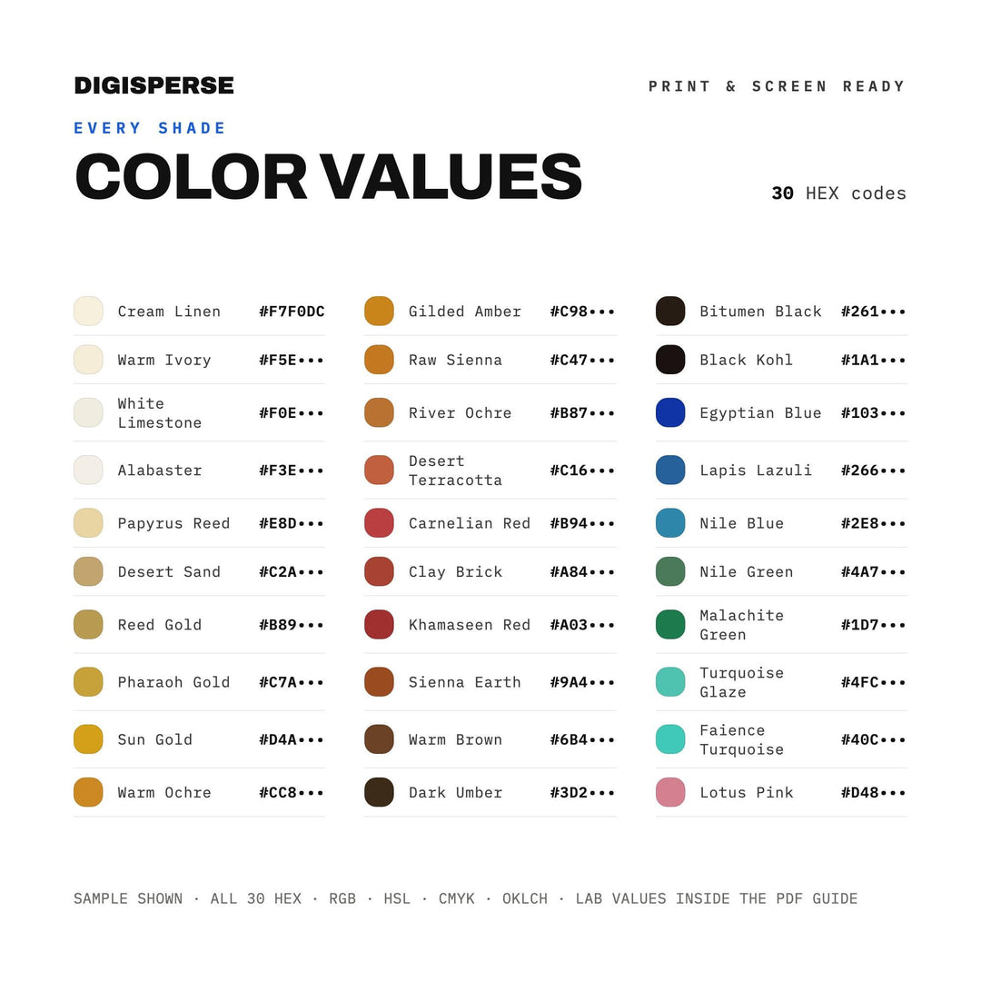 Ancient Egypt Color Palette | 30 Colors | Hex RGB CMYK | Color Guide | Procreate Swatches + ASE | Digital Download