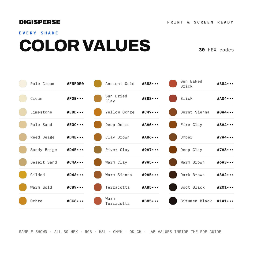 Sumerian Clay Color Palette | 30 Earth Tones, Hex RGB CMYK, Procreate Swatches (Digital Download)