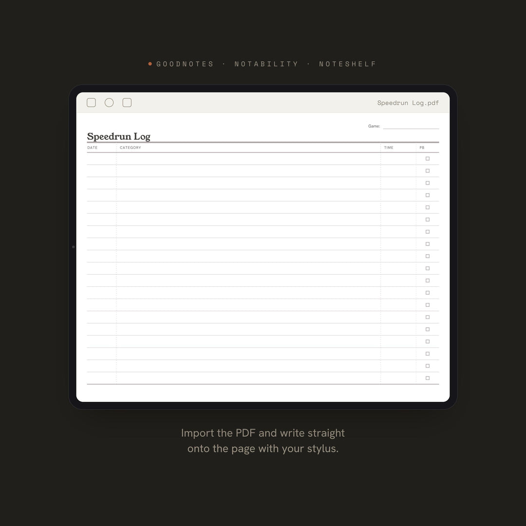 Speedrun Log Planner Insert | Game Tracker | GoodNotes iPad PDF | Digital Download