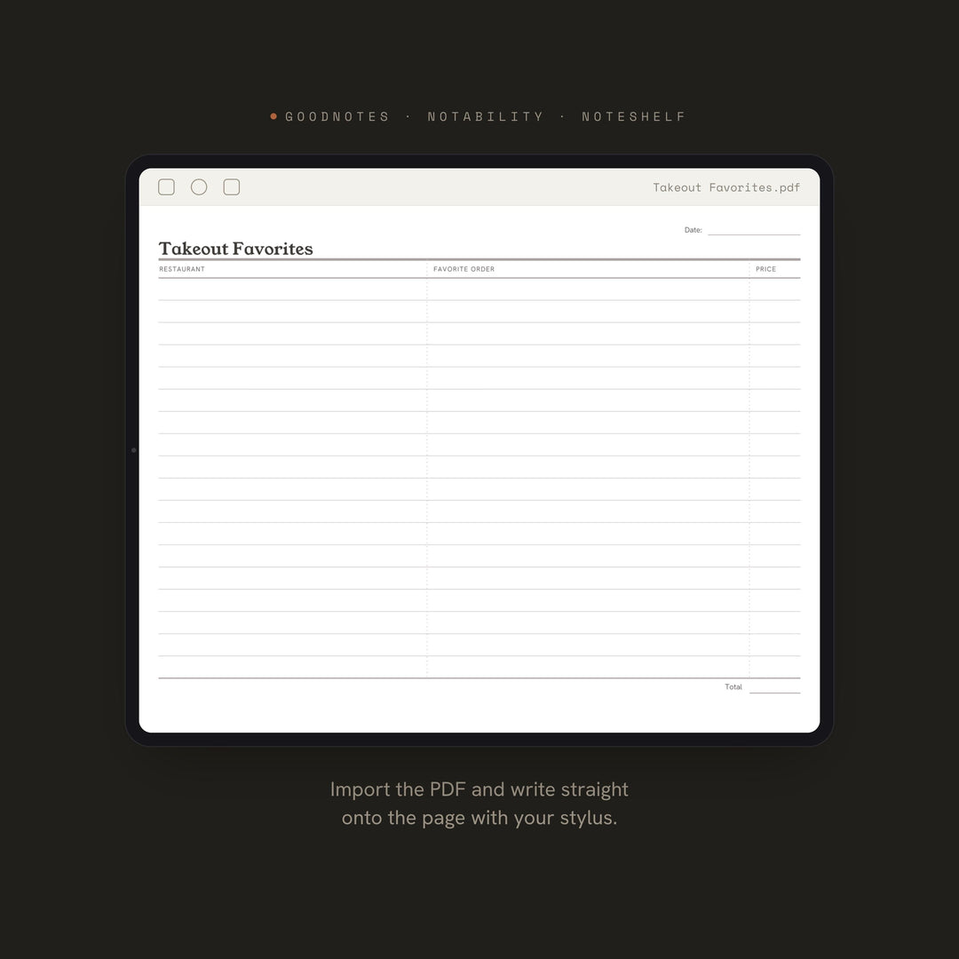 Takeout Favorites Planner Insert | Meal Planner | GoodNotes iPad PDF | Digital Download