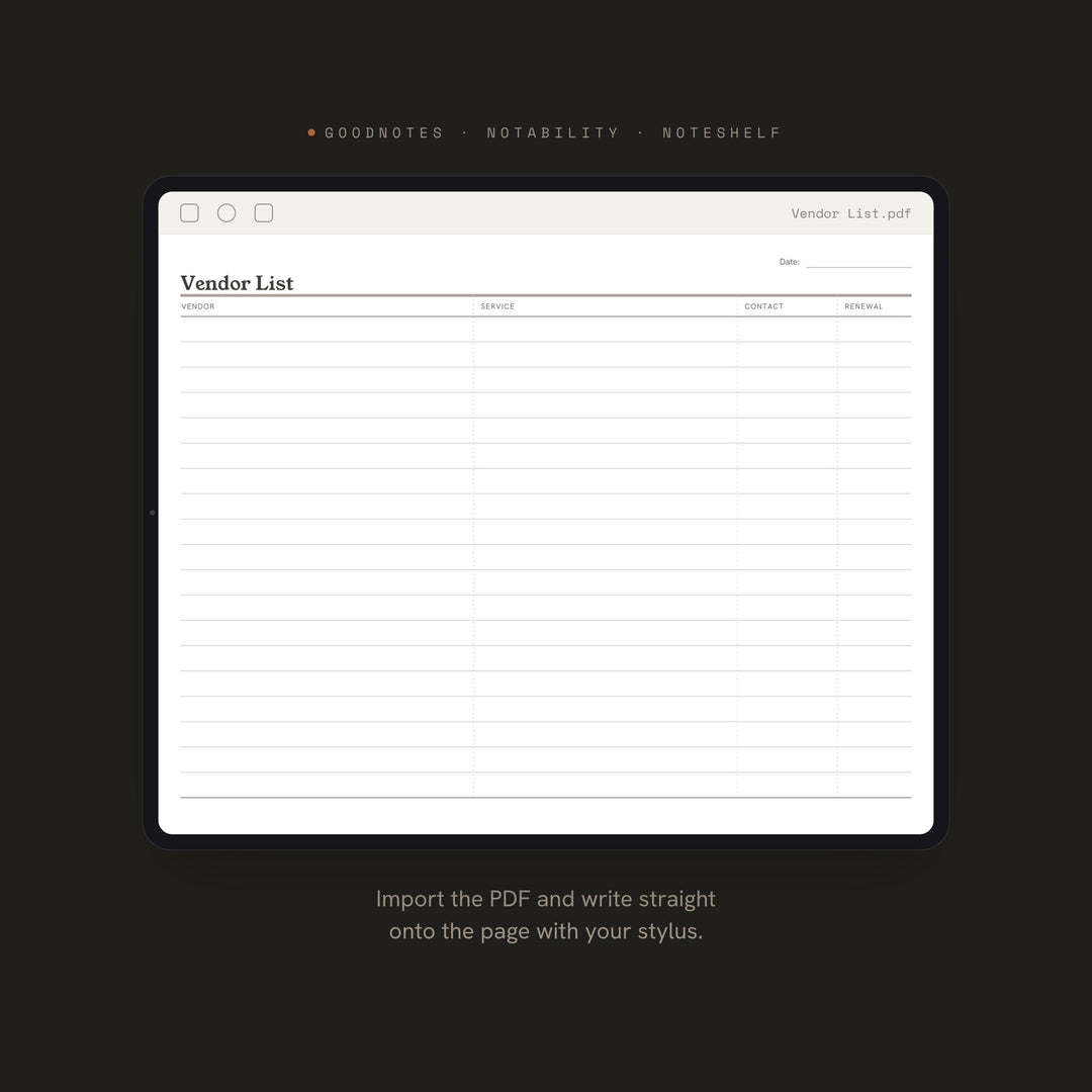 Vendor List Planner Insert | Contact Log | GoodNotes iPad PDF | Digital Download
