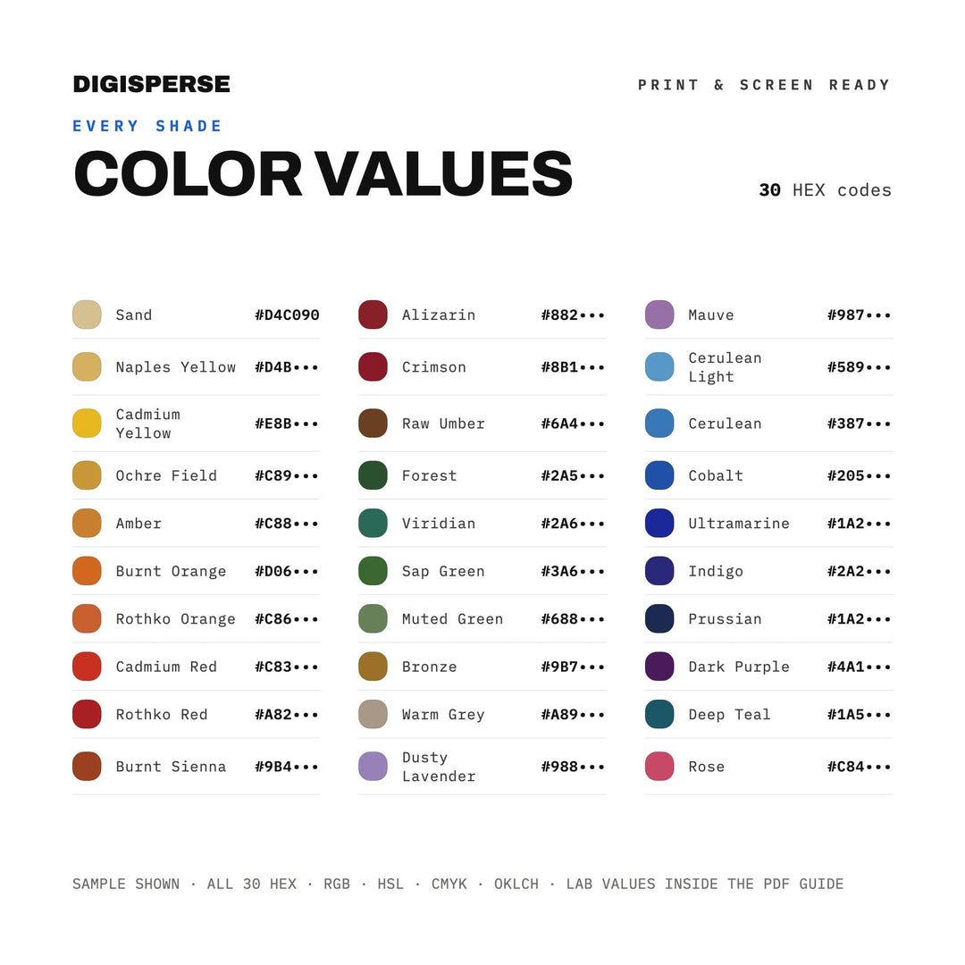 Minimal Abstract Color Palette for Large Scale Wall Art and Modern Studio Branding, 30 Soft Meditative Hues, Procreate Swatches, Hex Codes