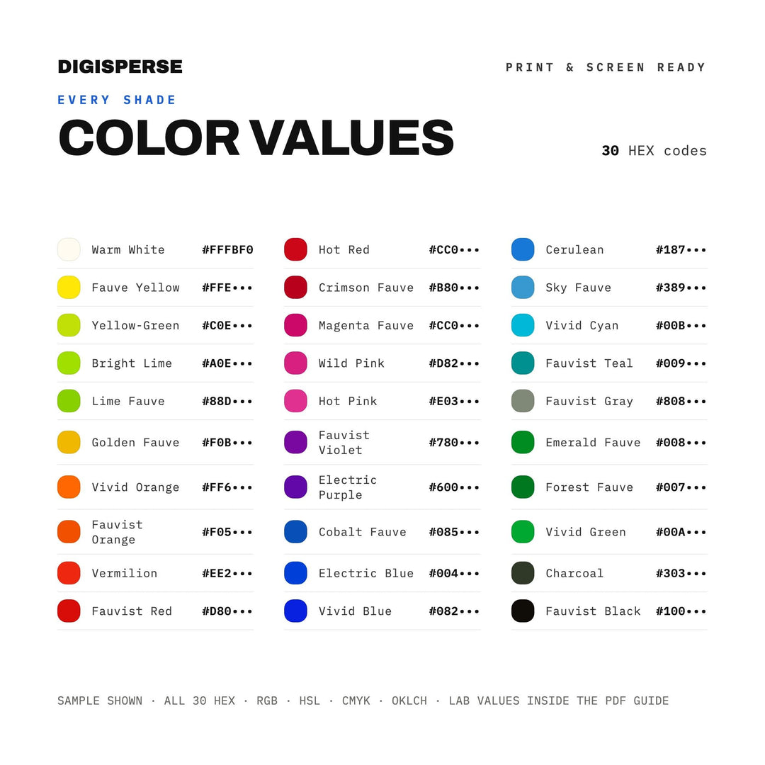 Wild Vivid Color Palette for Bold Expressive Art and Modern Gallery Branding, 30 Fauvist Untamed Hues, Procreate Swatches, Hex Codes