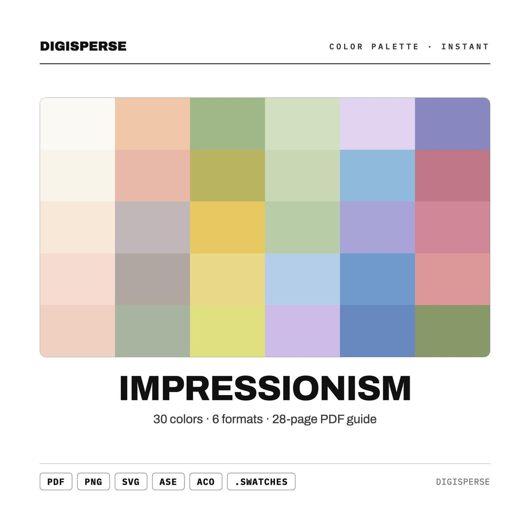 Soft Painterly Color Palette for Monet Garden Art and Gallery Branding, 30 Impressionist Hues, Procreate Swatches, Hex Codes