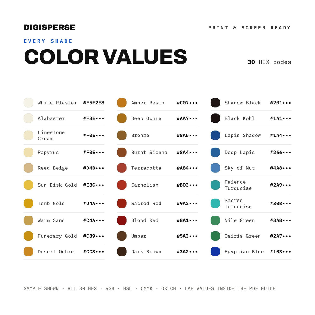 Ancient Gold Color Palette for Egyptian Mythology Art and Museum Branding, 30 Pharaoh Tomb Hues, Procreate Swatches, Hex Codes