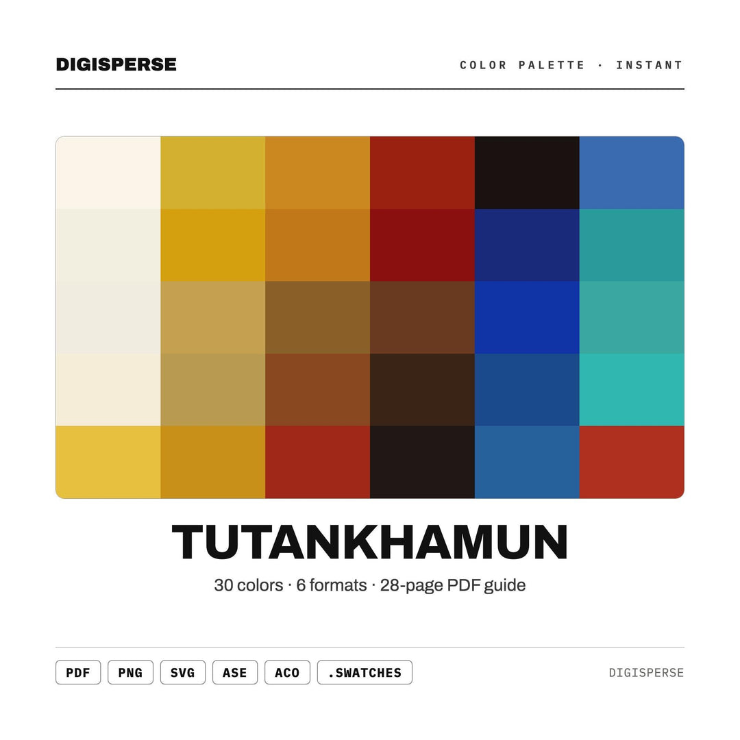 Ancient Gold Color Palette for Egyptian Pharaoh Art and Museum Branding, 30 Tutankhamun Hues, Procreate Swatches, Hex Codes