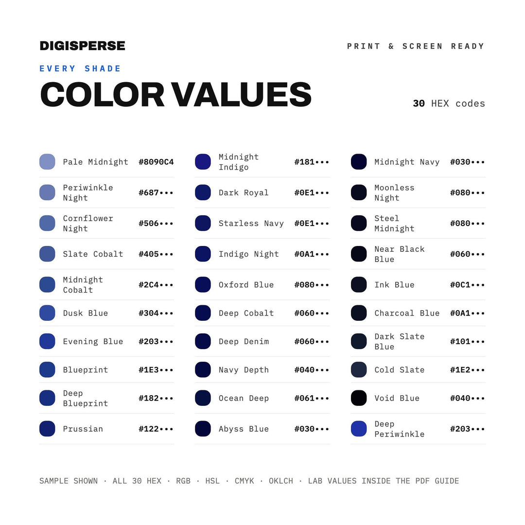 Midnight Blue Color Palette | 30 Hex RGB CMYK Swatches (Digital Download)