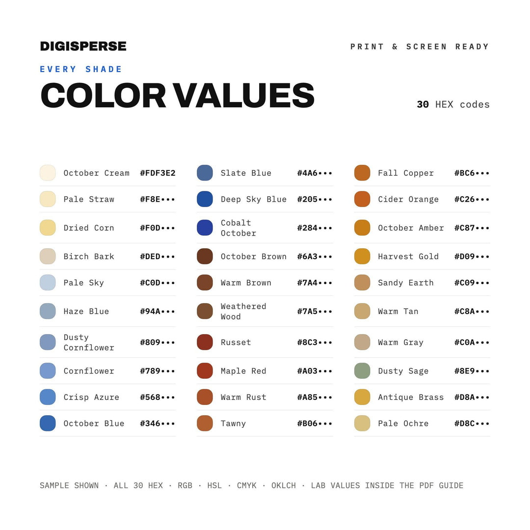 October Sky Color Palette | 30 Fall Colors, Procreate, ASE (Digital Download)
