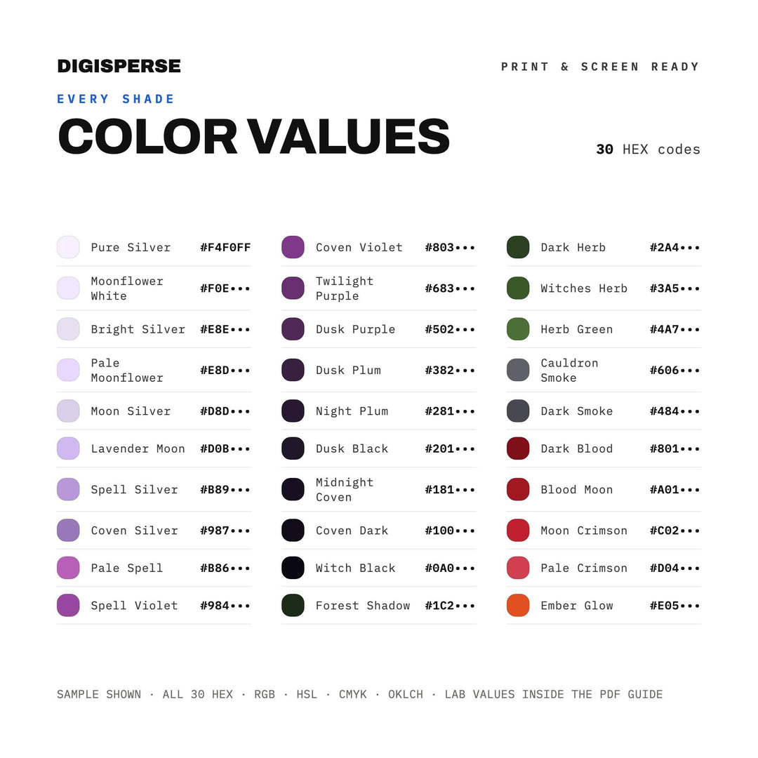 Twilight Coven Color Palette | 30 Colors | Hex RGB CMYK | Color Guide | Procreate Swatches + ASE | Digital Download