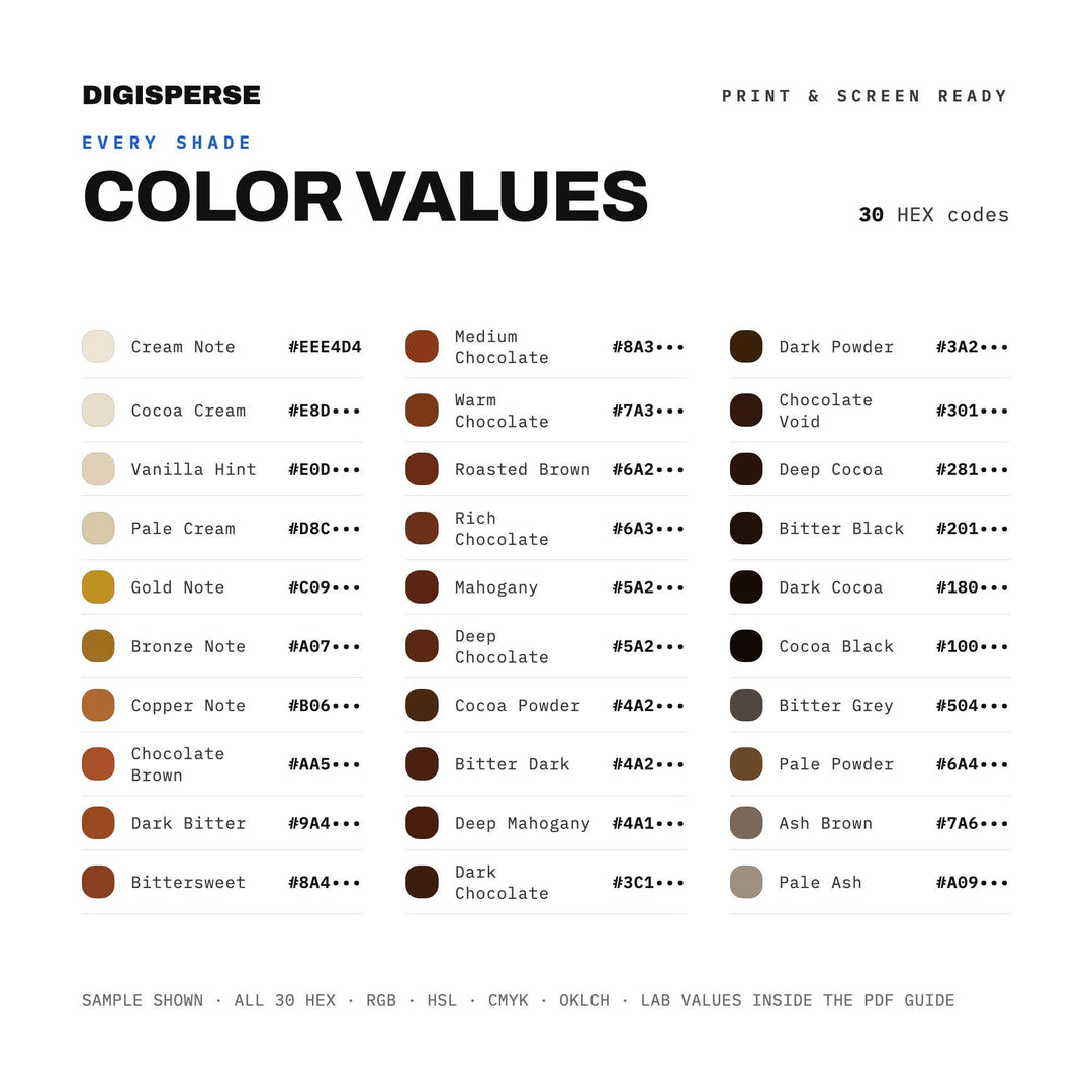 Bitter Chocolate Color Palette | 30 Colors | Hex RGB CMYK | Color Guide | Procreate Swatches + ASE | Digital Download