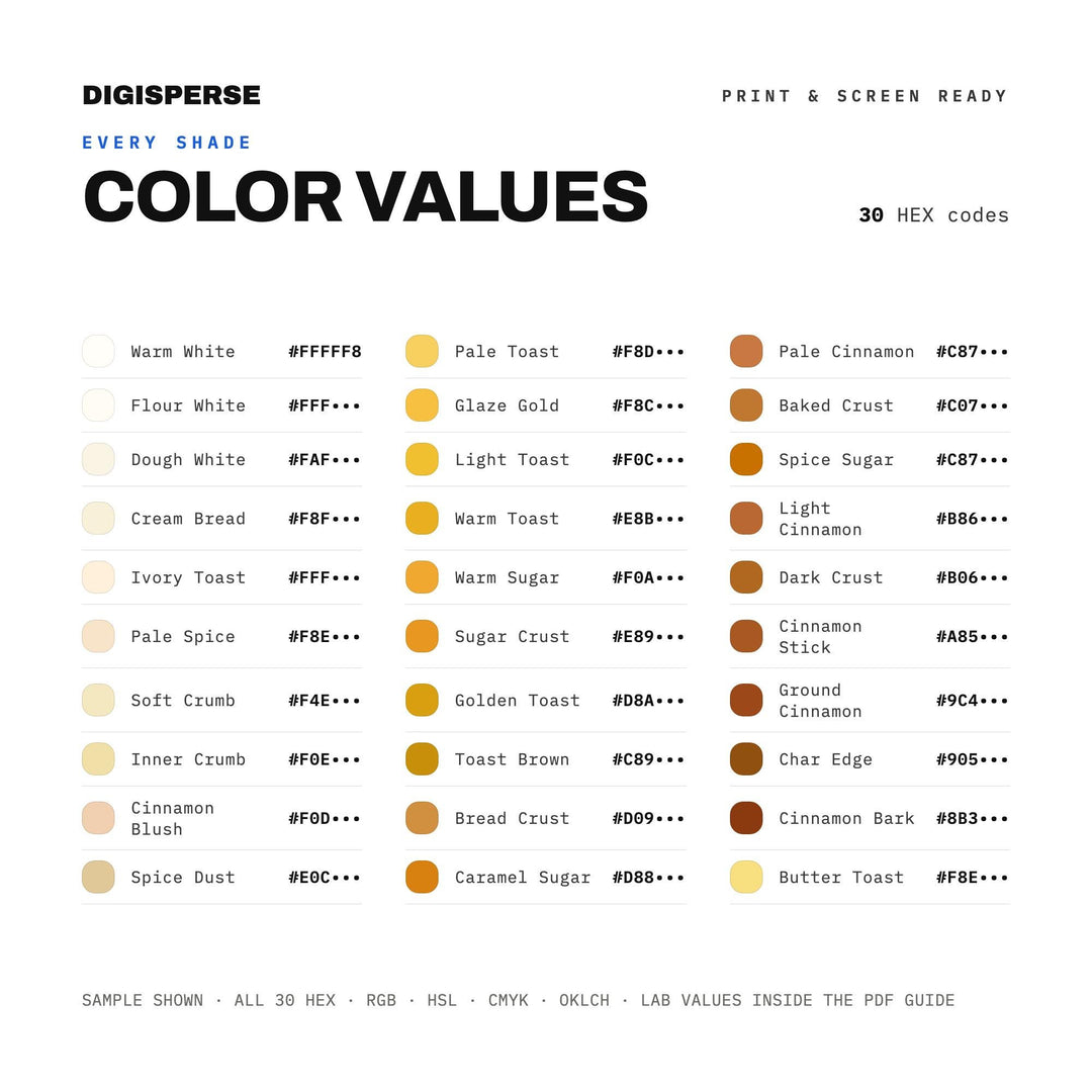 Cinnamon Toast Color Palette | 30 Warm Cozy Tones (Digital Download)