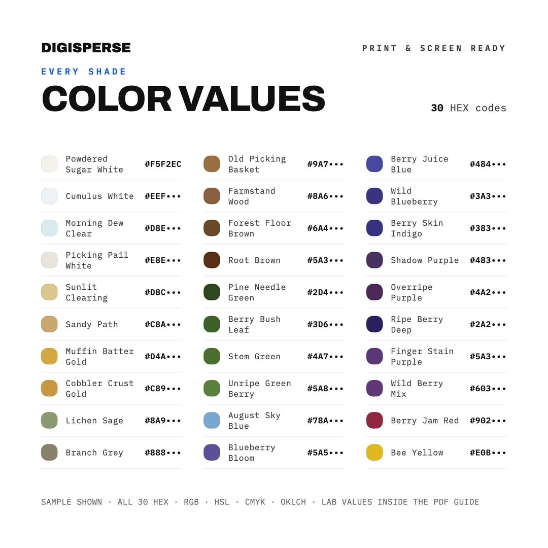 Blueberry Picking Color Palette | 30 Colors | Hex RGB CMYK | Procreate Swatches + ASE | Digital Download