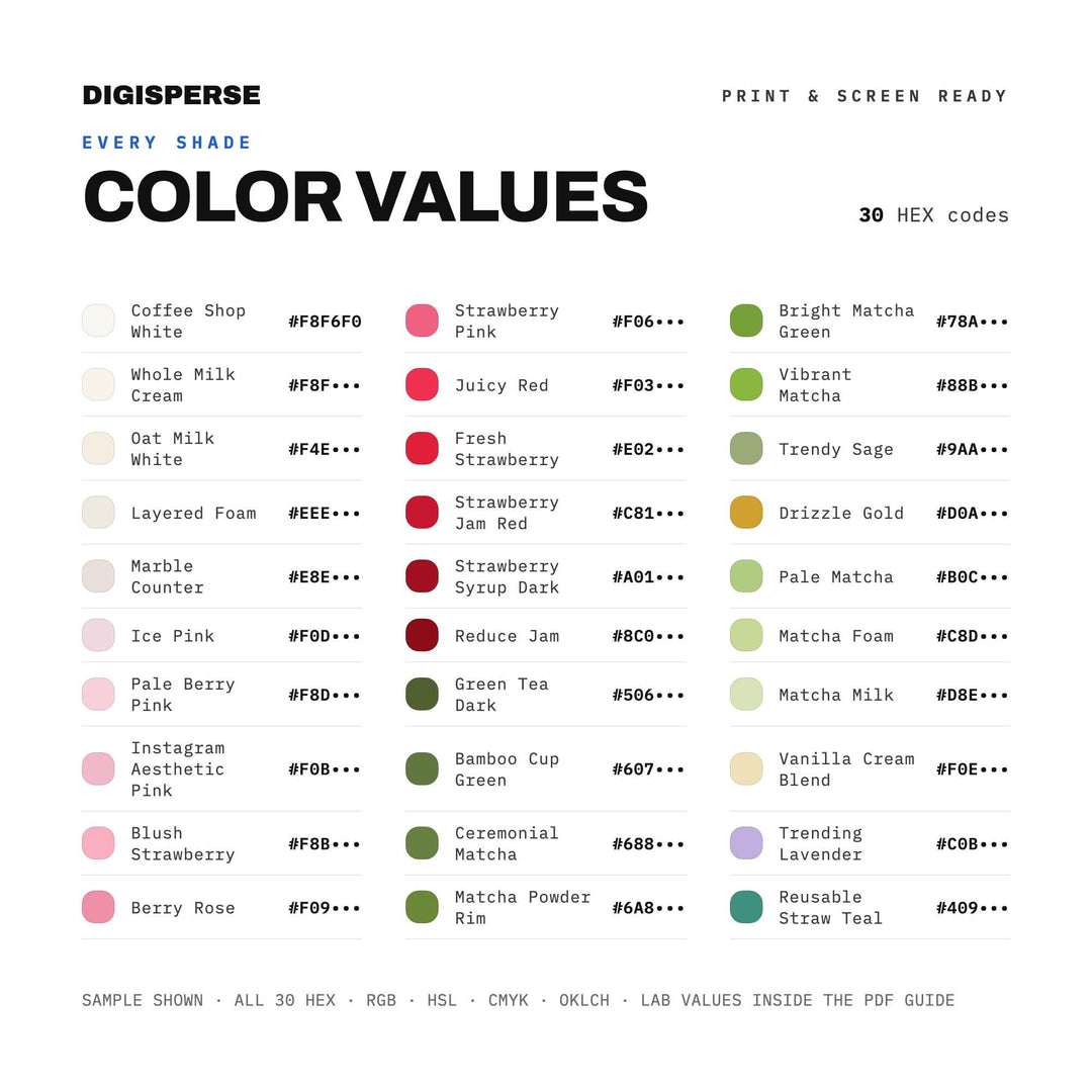 Strawberry Matcha Color Palette | 30 Colors | Hex RGB CMYK | Procreate Swatches + ASE | Digital Download