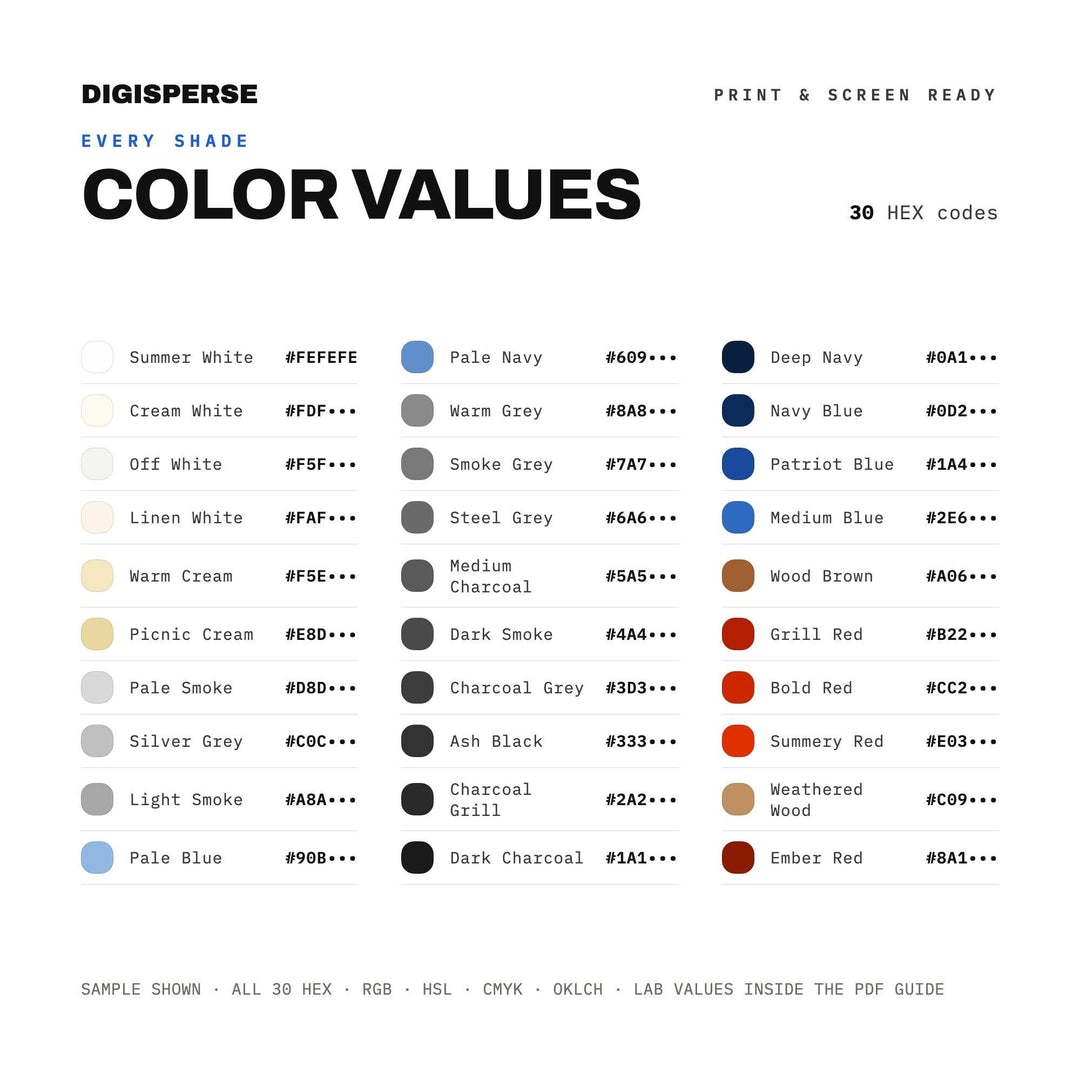 Warm Summer Color Palette for BBQ Cookout Art and Patriotic Branding, 30 Labor Day Hues, Procreate Swatches