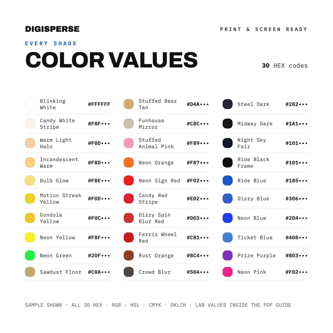 Carnival Ride Lights Color Palette | 30 Procreate Swatches, ASE (Digital Download)