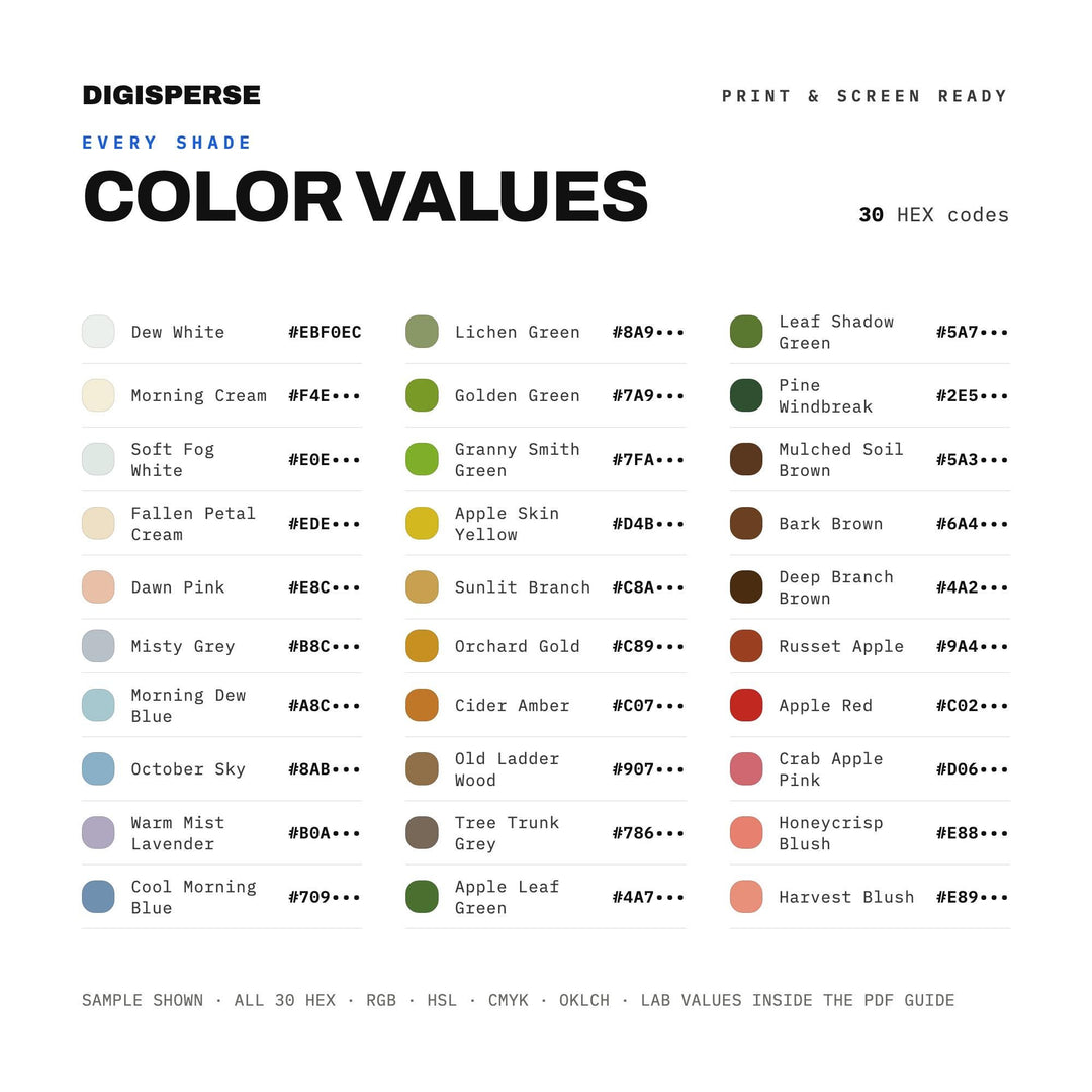 Apple Orchard Morning Color Palette | 30 Colors | Hex RGB CMYK | Procreate Swatches + ASE | Digital Download