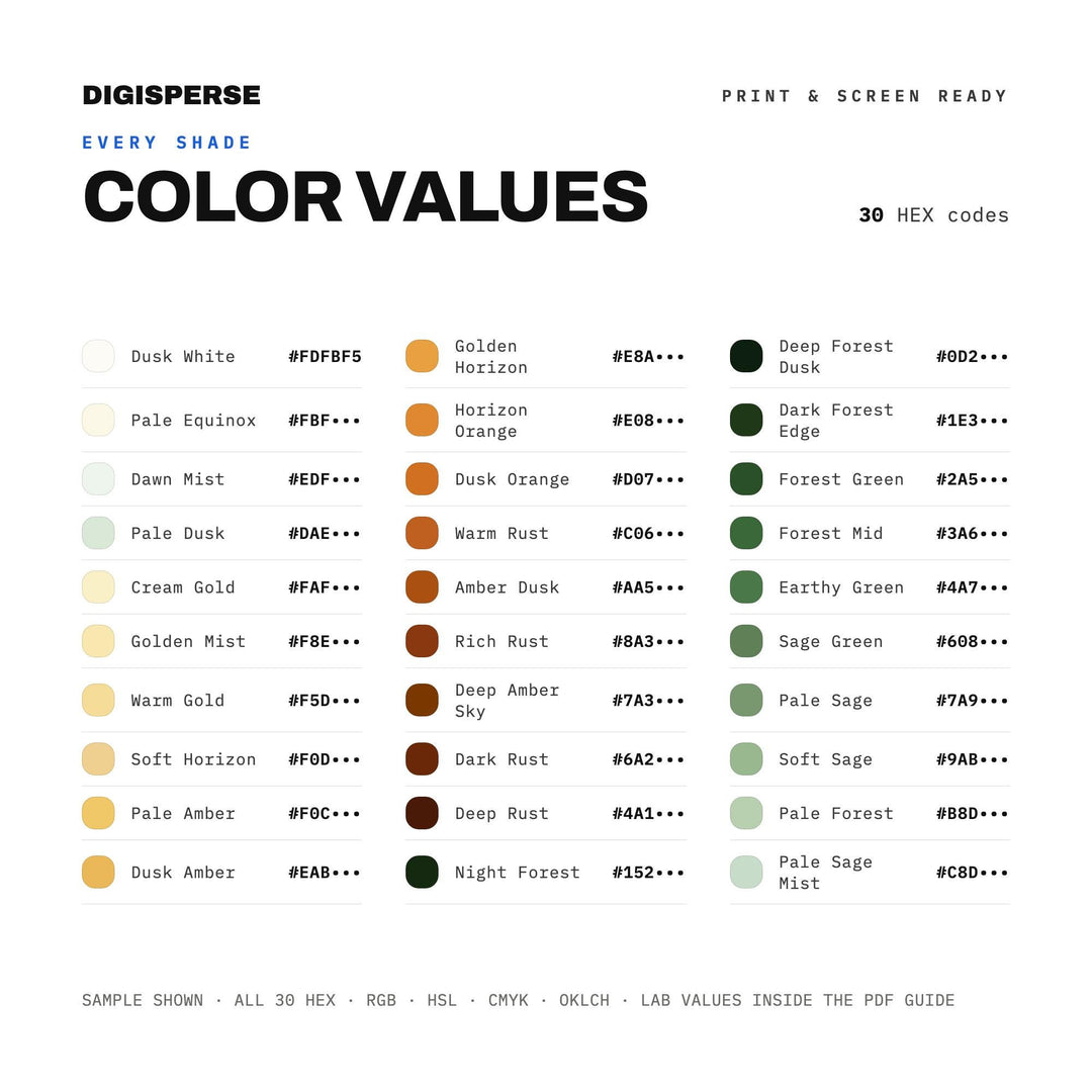 Warm Golden Color Palette for Fall Equinox Art and Cozy Twilight Branding, 30 Autumn Dusk Hues, Procreate Swatches