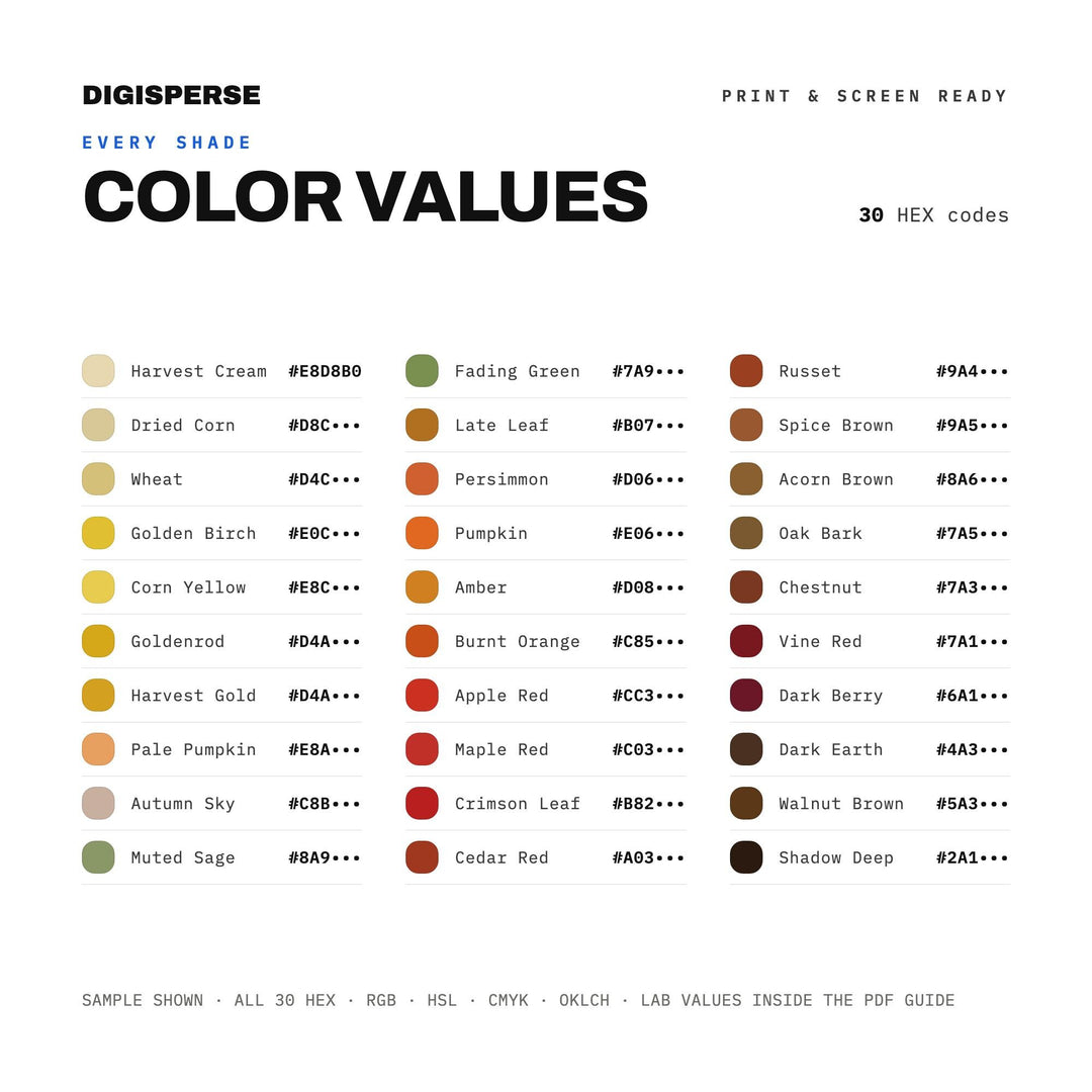 Autumn Harvest Color Palette | 30 Procreate Swatches, ASE Guide (Digital Download)