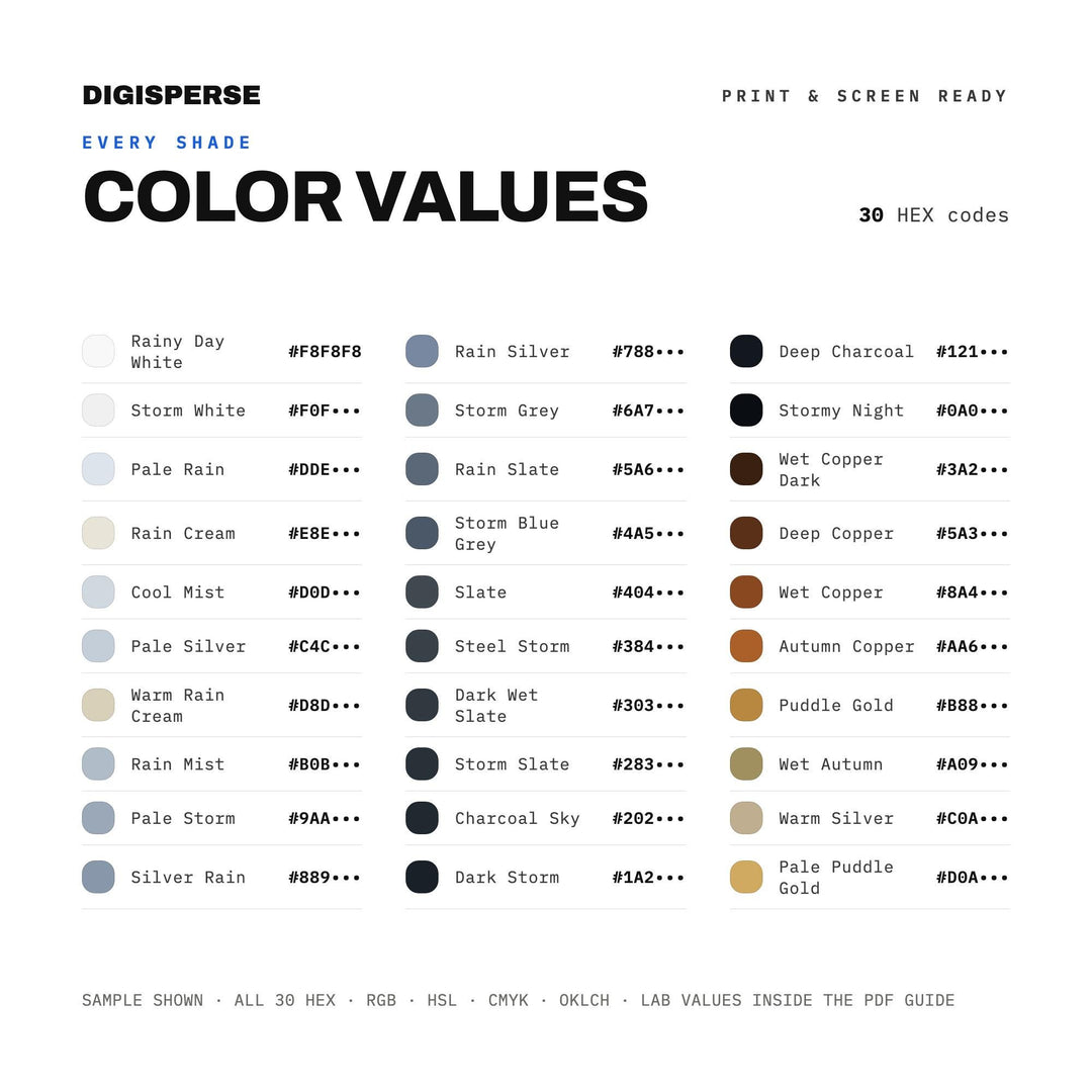 Moody Grey Color Palette for Rainy Fall Art and Cozy Atmospheric Branding, 30 Autumn Storm Hues, Procreate Swatches