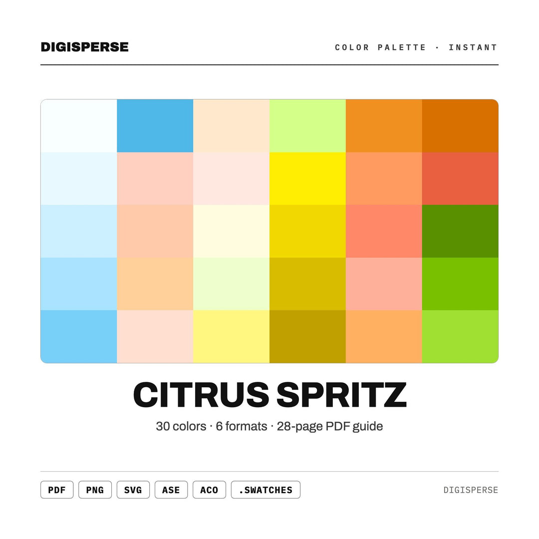 Citrus Spritz Color Palette | 30 Colors | Hex RGB CMYK | Procreate Swatches + ASE | Digital Download