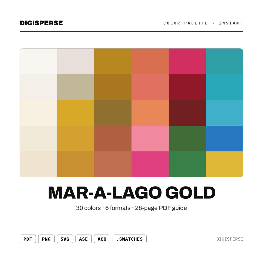 Mar-a-Lago Gold Color Palette | 30 Colors | Hex RGB CMYK | Procreate Swatches + ASE | Digital Download