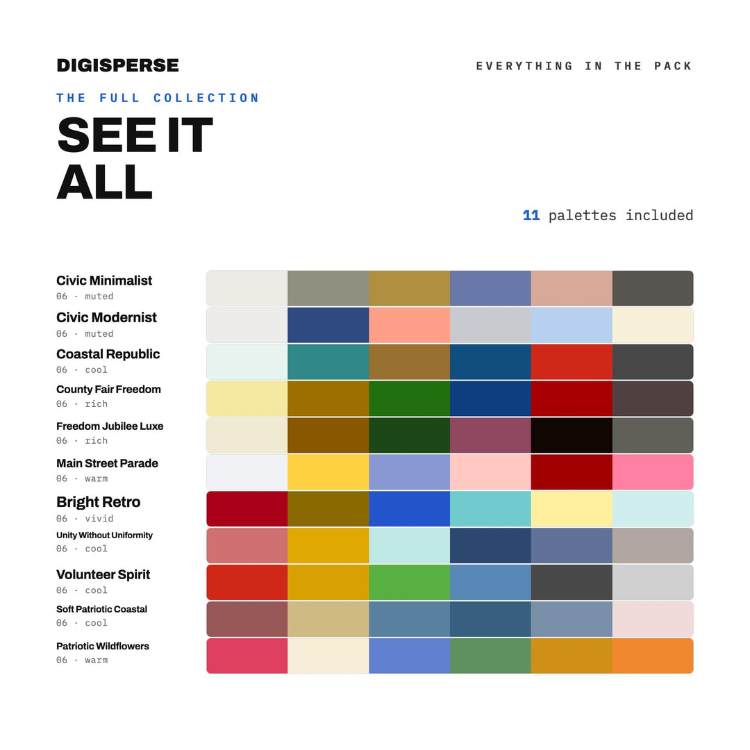 Election Season Color Swatch Kit, 11 Civic Spirit Palettes for Campaign Graphics, Community Event Flyers and Town Pride Projects