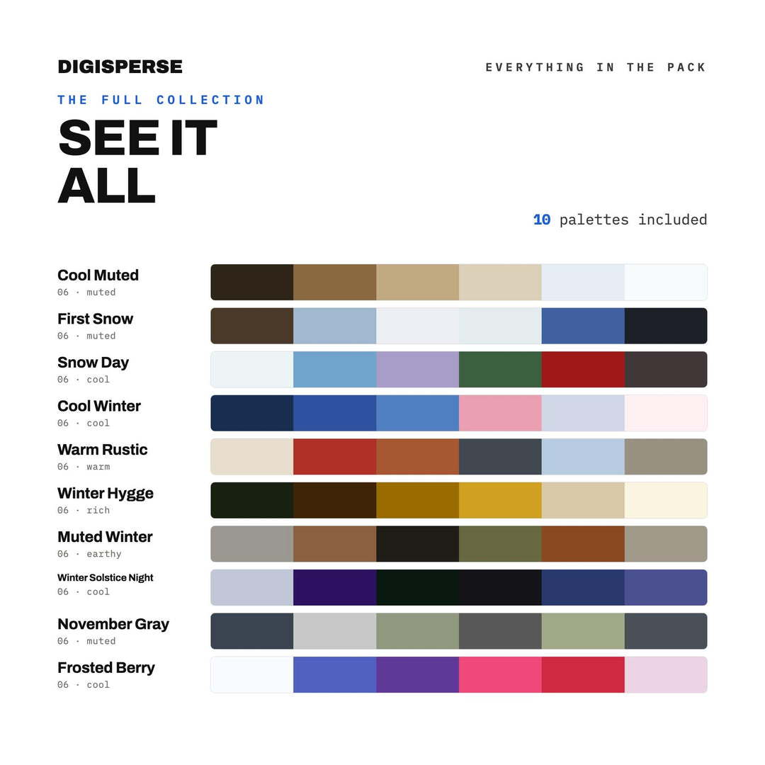 Winter Color Scheme Collection, 10 Snow Day and Fireside Palettes for Cozy Cabin Decor, Ski Lodge Branding and Hygge Design