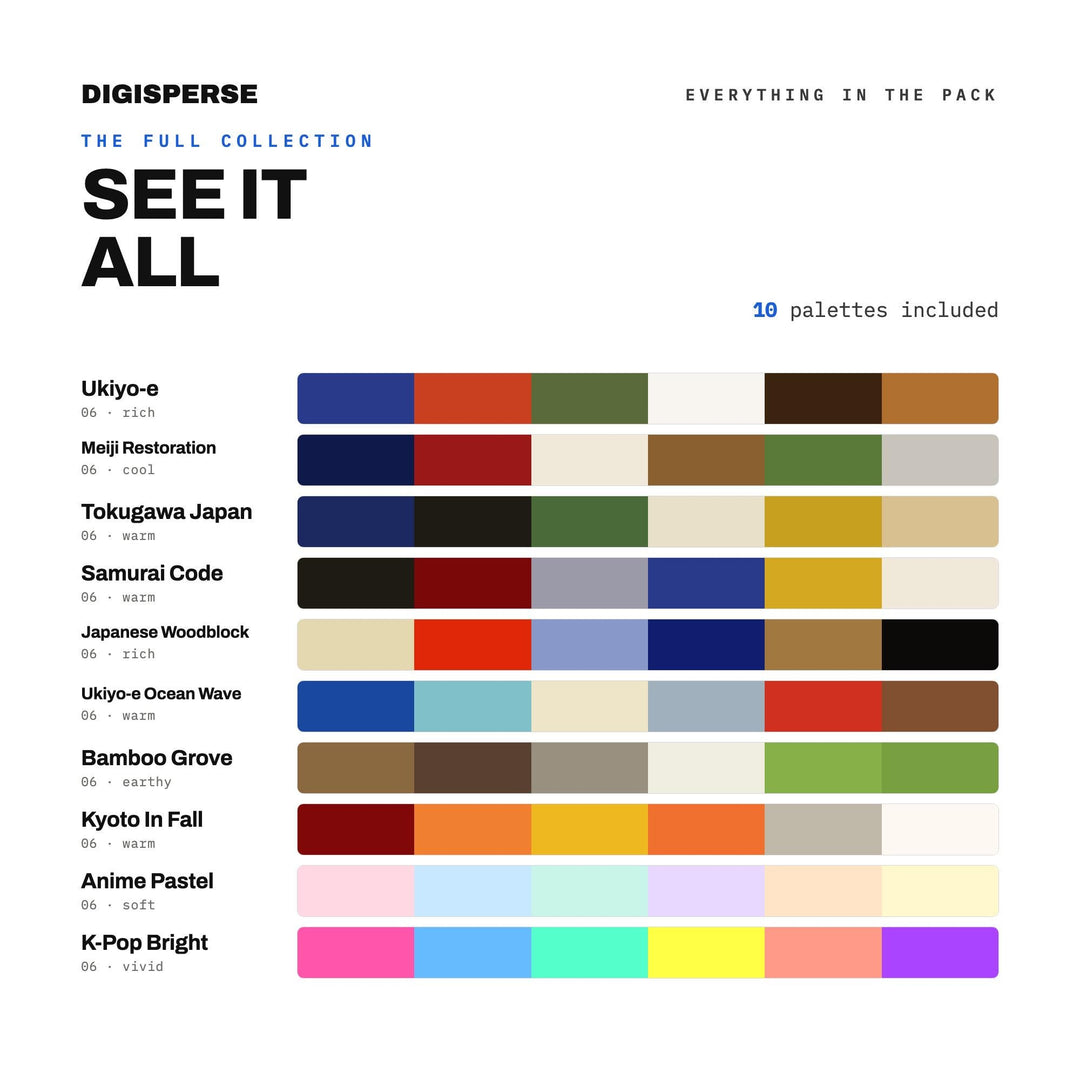 Japanese Woodblock Color Set, 10 Edo and Ukiyo Palettes for Print Artists, Anime Backgrounds and Zen Interior Moodboards