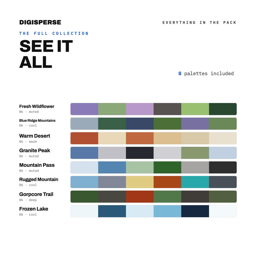 Mountain Color Scheme Kit, 8 Summit and Switchback Palettes for Hiking Brand Design, Trail Maps and Adventure Gear Styling