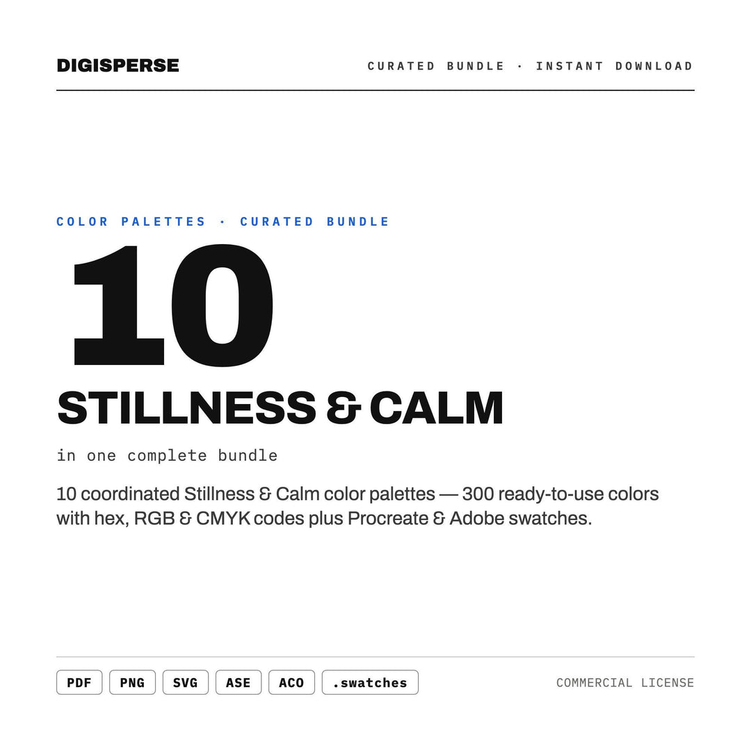 Calming Color Palette Set, 10 Stillness Schemes for Meditation Apps, Yoga Studio Branding and Serene Bedroom Decor